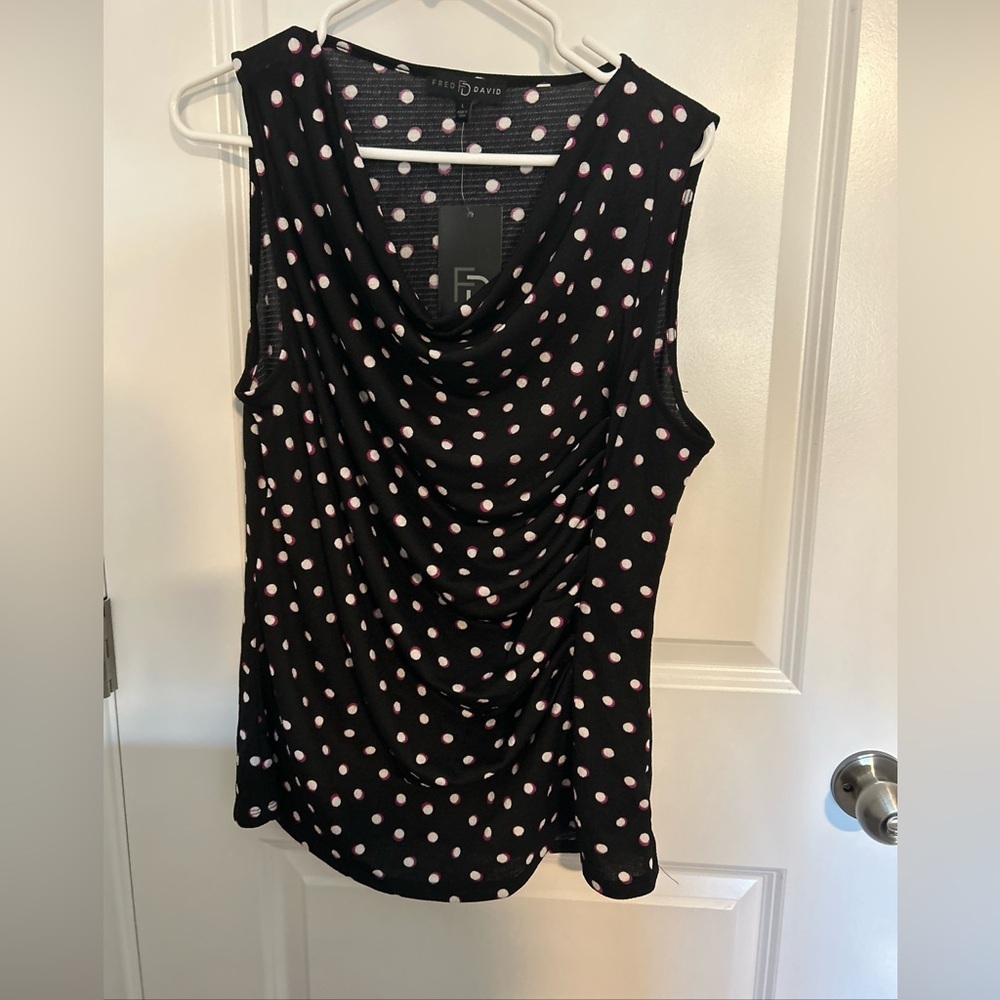 Fred David Women’s Large Black Sleeveless Top Purple White Polka Dots NWT